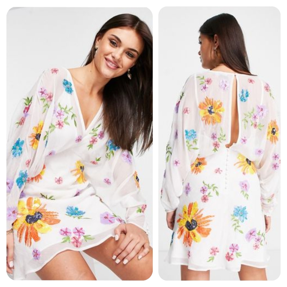 ASOS Wild Flower Floral Embellished Long Sleeve Mini Dress White Multicolor 4
